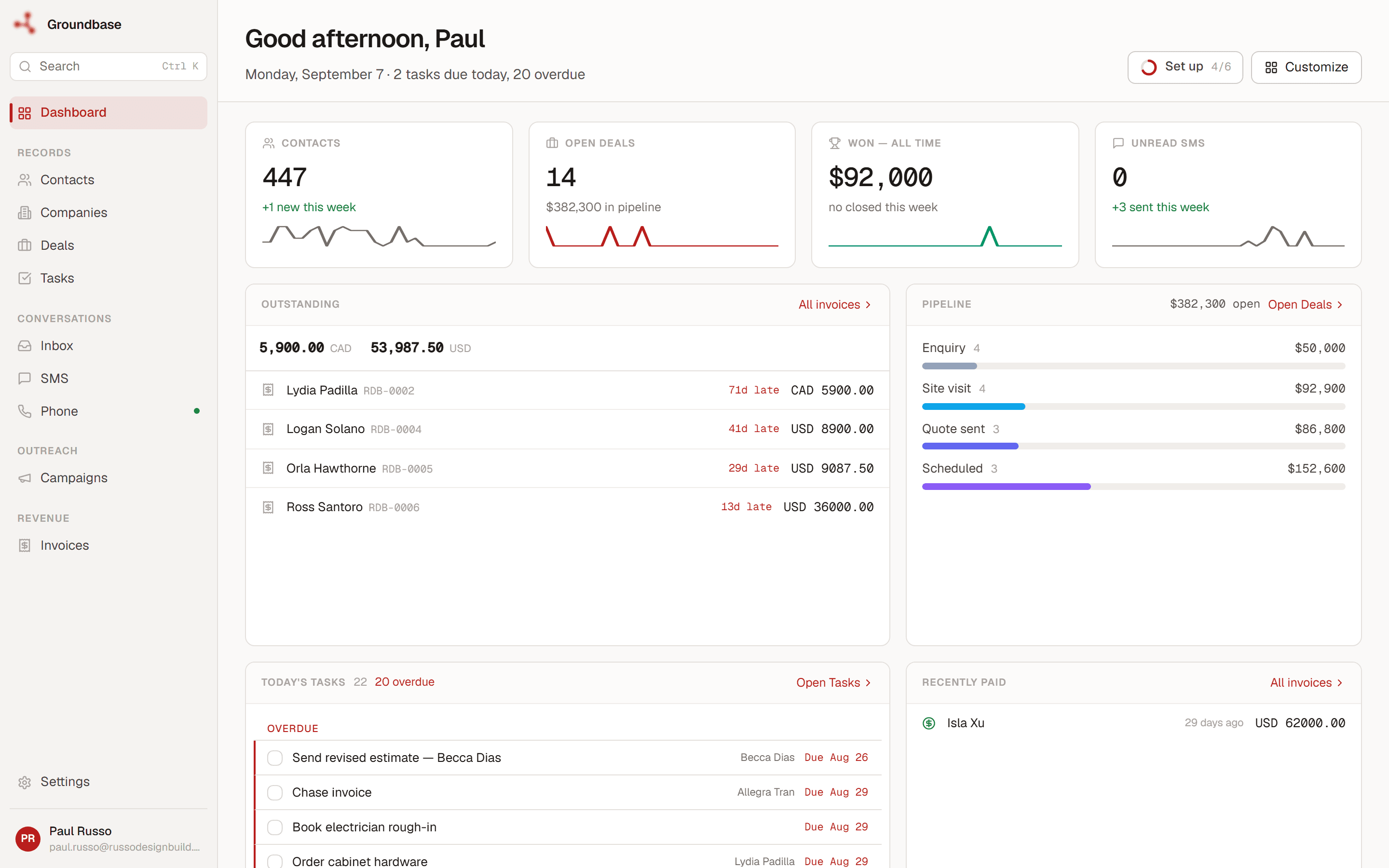 Groundbase CRM dashboard — pipeline, outstanding invoices, today's tasks