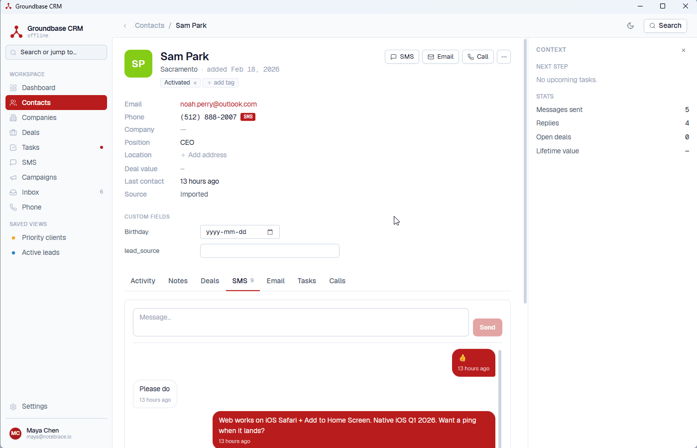 Contact detail with activity timeline